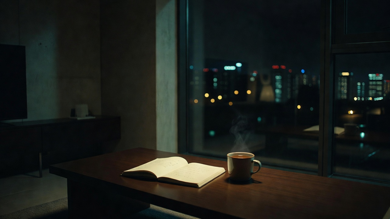夜晚公寓窗边倒影与桌面钥匙的影视感静物画面，氛围冷峻